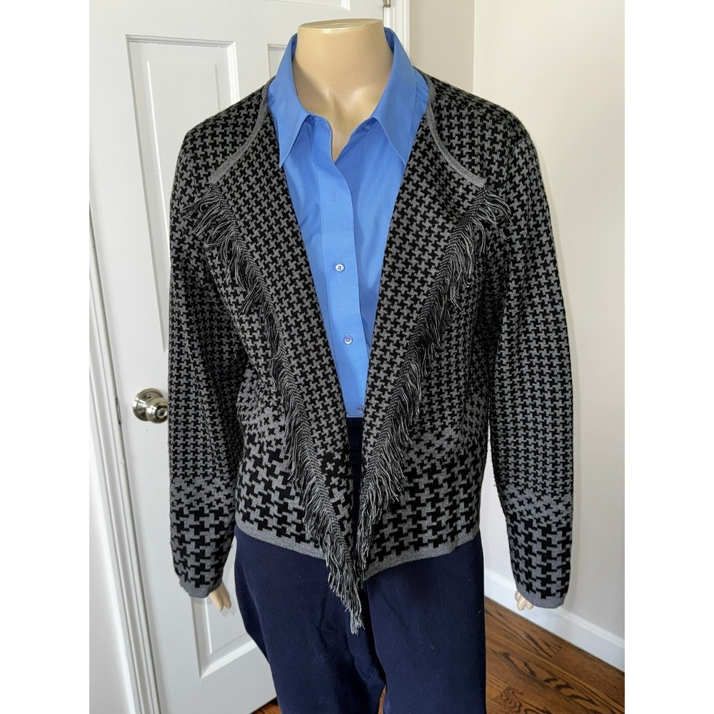 Charlie B Womens XL Houndstooth Fringe Open Front Cardigan Sweater Grey Black